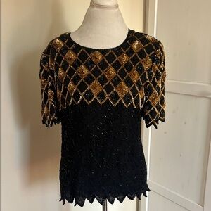Vintage Mark & John by Gopal Beaded Silk Top - Gold Harlequin Pattern - Large